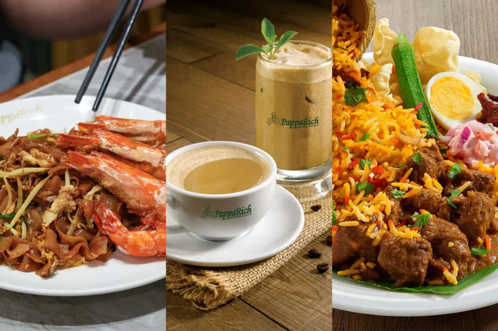PappaRich Malaysian food spread featuring char kway teow, iced coffee, and nasi briyani with curry.