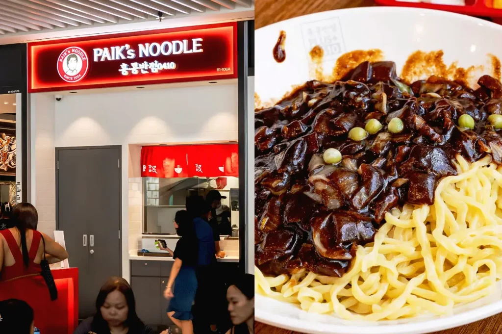 Paik’s Noodle at Suntec City serving Korean jajangmyeon noodles topped with rich black bean sauce.