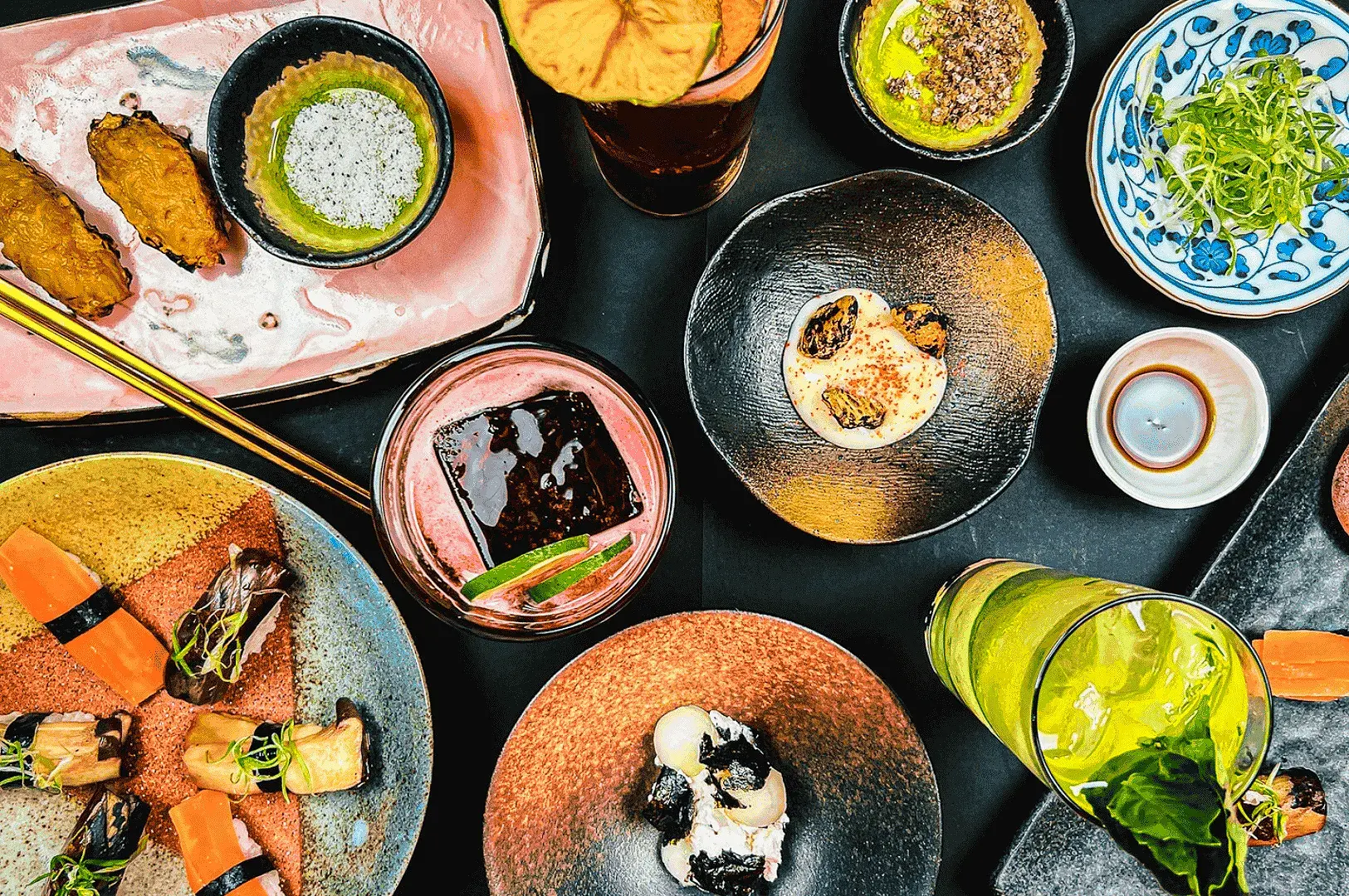 Herbivore Japanese Vegetarian Restaurant Singapore vegetarian Japanese feast featuring vegan sushi, appetizers, matcha drink, desserts and authentic plant-based Japanese dishes