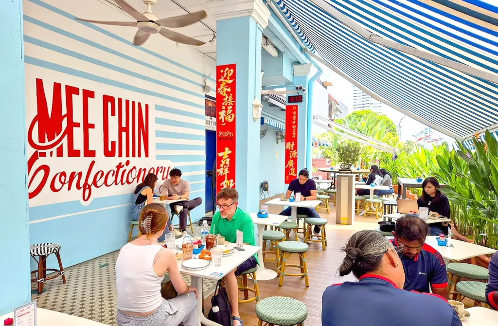 Chin Mee Chin Confectionery café exterior with heritage Singapore breakfast seating