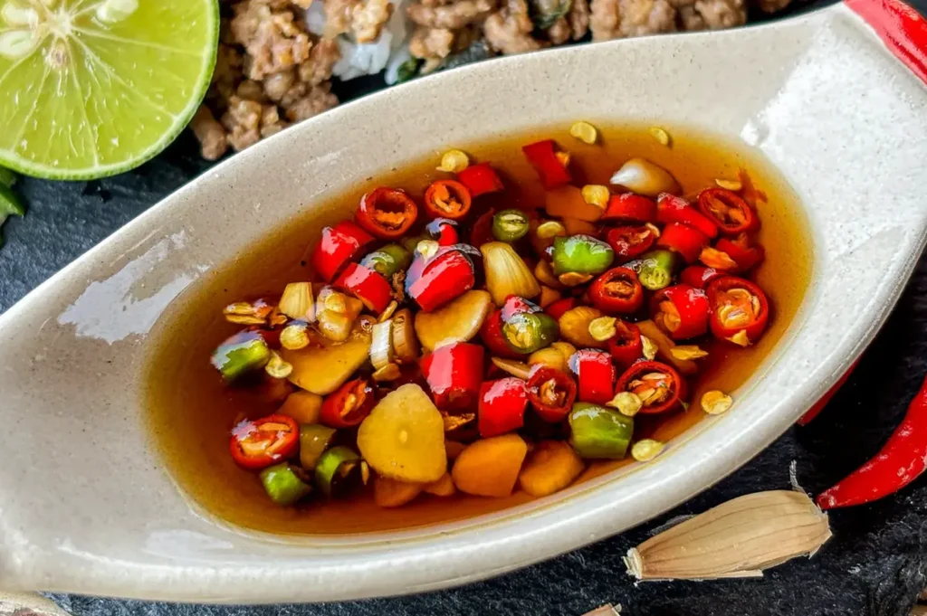 Homemade fish sauce with sliced red and green chillies, garlic, and lime for authentic Asian street food flavours