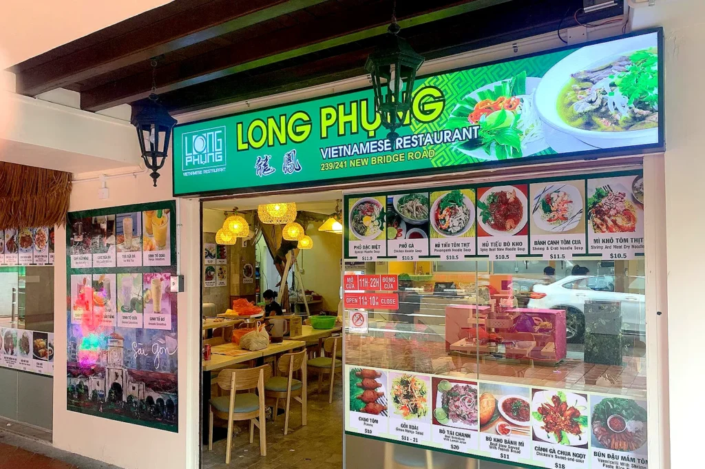 Long Phung Vietnamese Cuisine Singapore restaurant storefront with authentic Vietnamese menu, pho specialties, and New Bridge Road location.