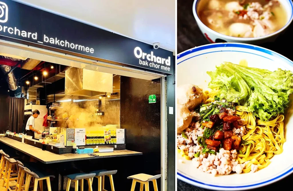 Orchard Bak Chor Mee stall at Orchard Plaza Singapore serving traditional minced pork noodles with fish ball soup and handmade noodles.