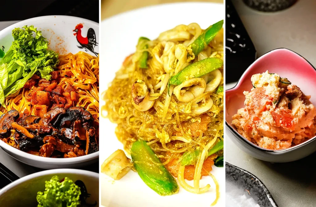 Signature dishes at Orchard Plaza Singapore featuring dry mushroom noodles, Thai seafood glass noodles with squid and vegetables, and creamy Japanese potato salad in the Food Haven dining scene.