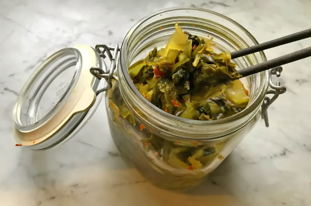 Traditional pickled mustard greens in a bowl ready for Chinese clear broth recipes