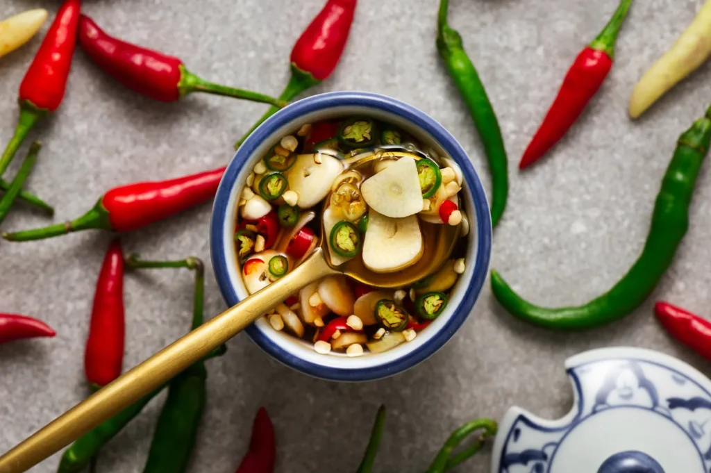 Traditional fish sauce dip with fresh chilli and garlic served as a Southeast Asian condiment for noodles and rice dishes