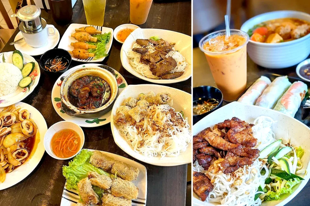 Authentic Vietnamese dishes at Long Phung Vietnamese Cuisine Singapore featuring pho, bun noodles, fresh spring rolls, claypot dishes, and Vietnamese coffee.