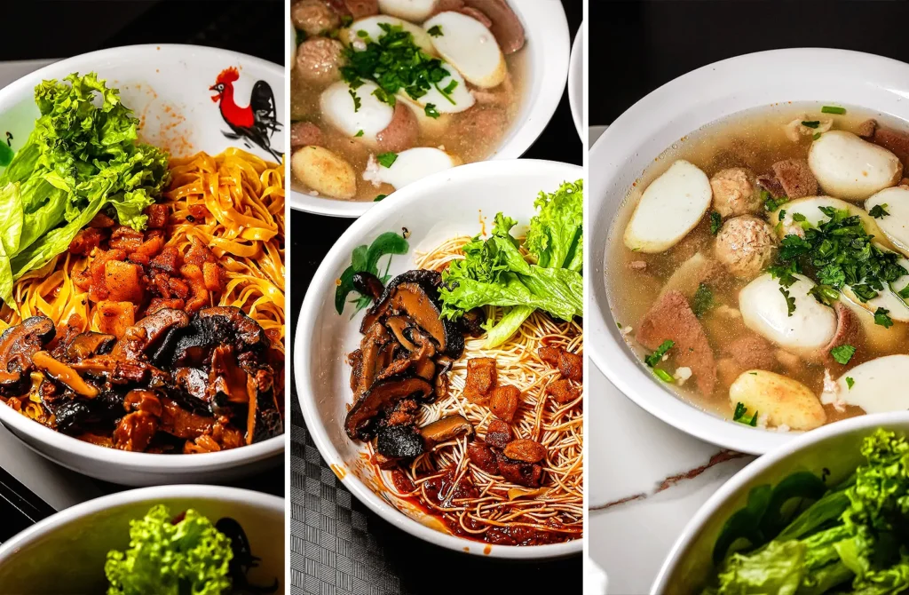 Signature Bak Chor Mee at Orchard Bak Chor Mee featuring minced pork noodles, mushroom noodles, fish ball soup, and handmade mee pok in Singapore.