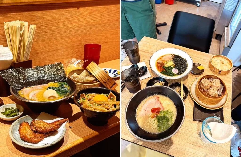 Japanese ramen feast at Ramen Soshiji Singapore with tonkotsu ramen, gyoza, chicken wings, and side dishes.