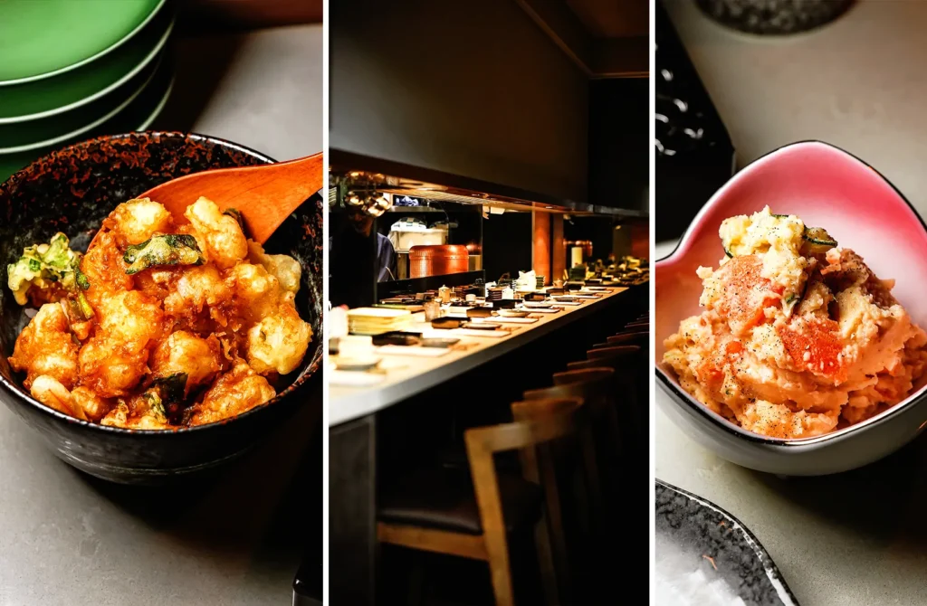 Freshly fried tempura and creamy Japanese potato salad served at Tempura Shige Singapore's specialty tempura restaurant.