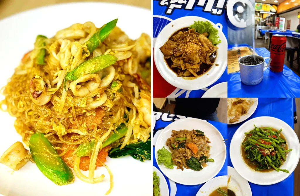 Authentic Thai dishes at Tha Siam Thai Kitchen including seafood glass noodles, stir-fried vegetables, and Thai pork dishes in Singapore.