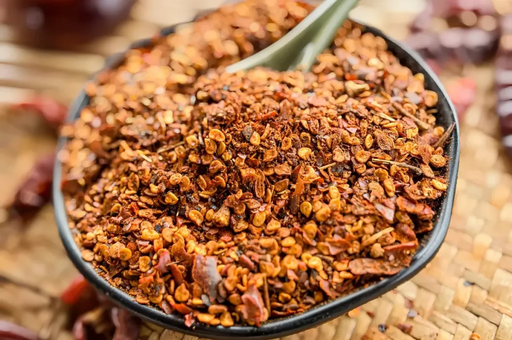 Freshly ground toasted rice powder with roasted chili flakes, adding signature nutty flavor to Thai larb dishes.