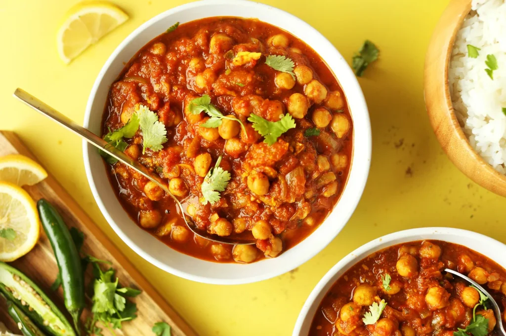 Easy homemade chana masala curry with chickpeas and fresh cilantro