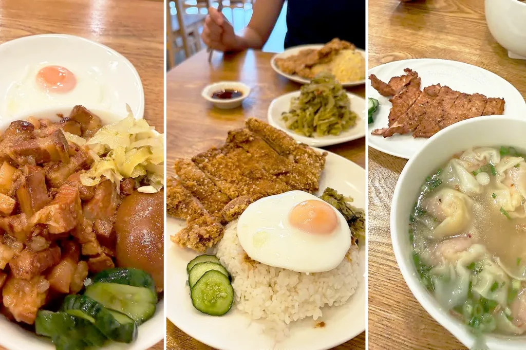 Signature Taiwanese dishes at Isshin Machi East Coast including lu rou fan, crispy fried chicken rice, grilled pork, and wonton soup in Singapore.