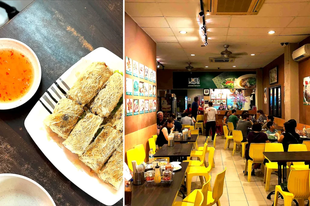 Crispy Vietnamese spring rolls and spacious dining area at Long Phung Vietnamese Cuisine Singapore with comfortable indoor seating.