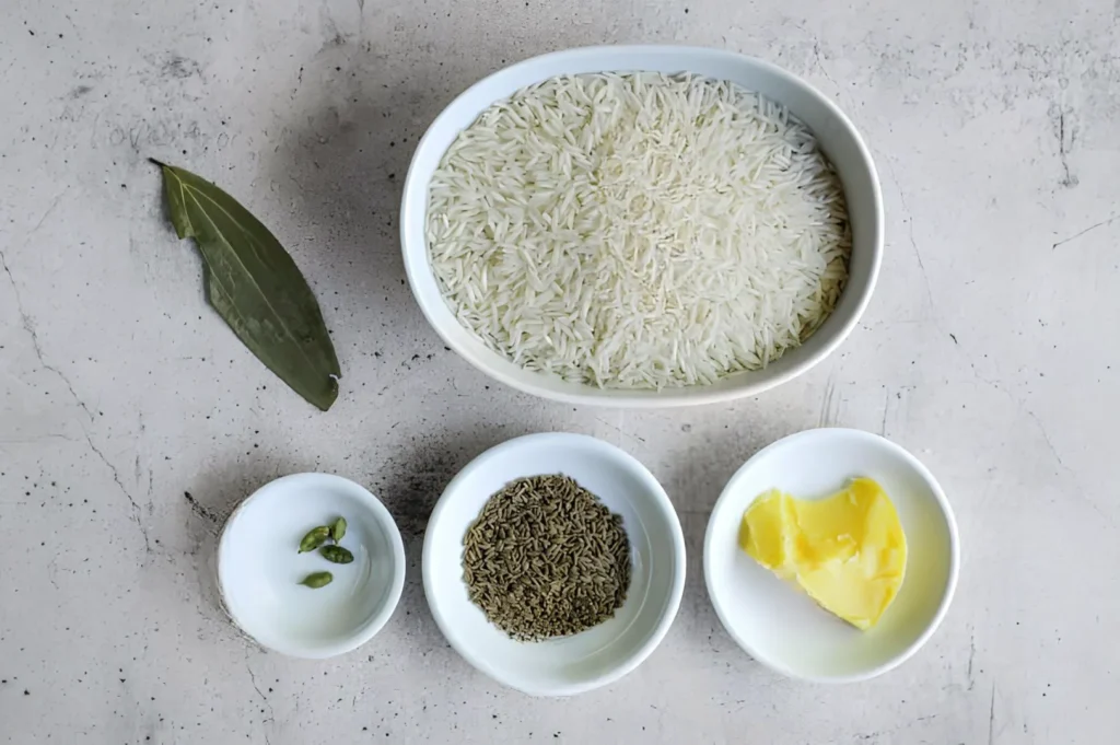Jeera rice ingredients with basmati rice, cumin seeds, butter and cardamom