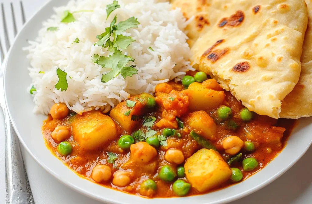 Easy Indian potato curry served with steamed basmati rice, naan bread, peas, and chickpeas
