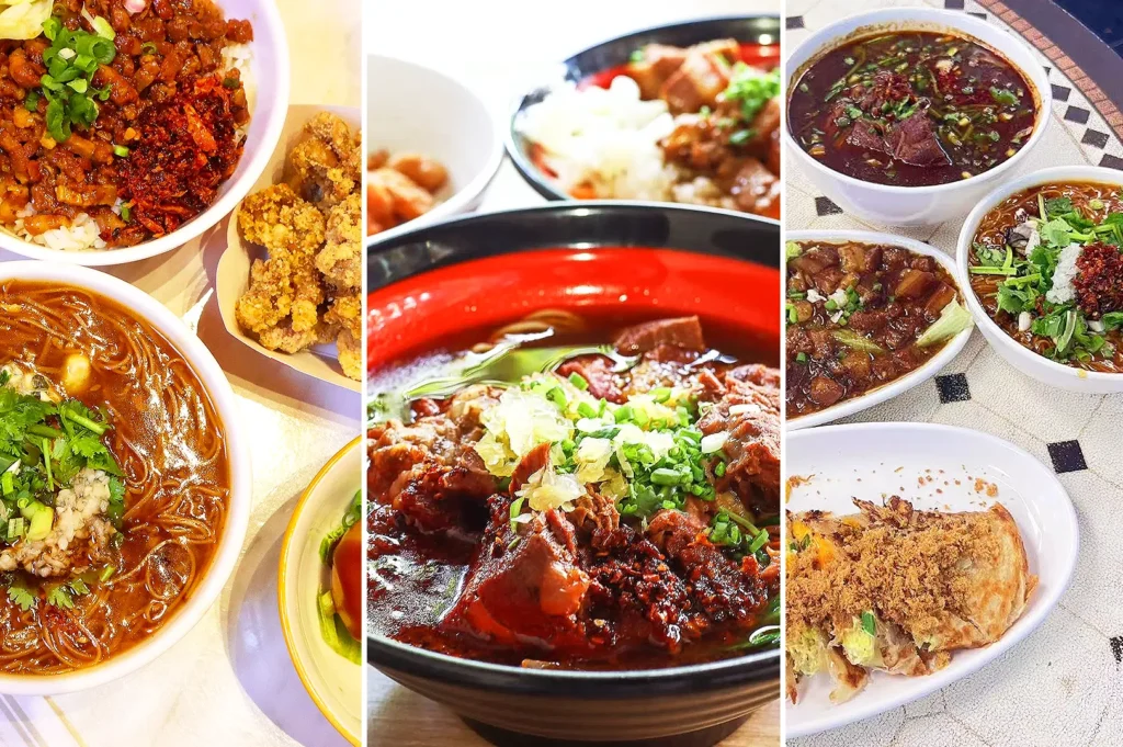 Taiwanese food spread with beef noodles and dumplings