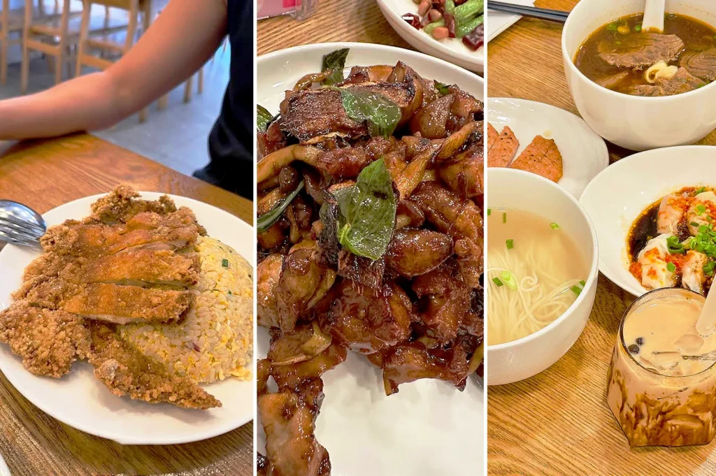 Taiwanese comfort food spread at Isshin Machi East Coast with crispy chicken rice, Three Cup Chicken, beef noodle soup, and Taiwanese milk tea.