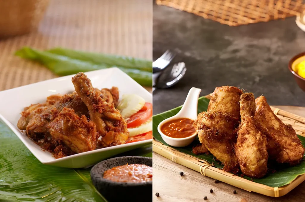 Traditional Indonesian fried chicken served with sambal dipping sauce.