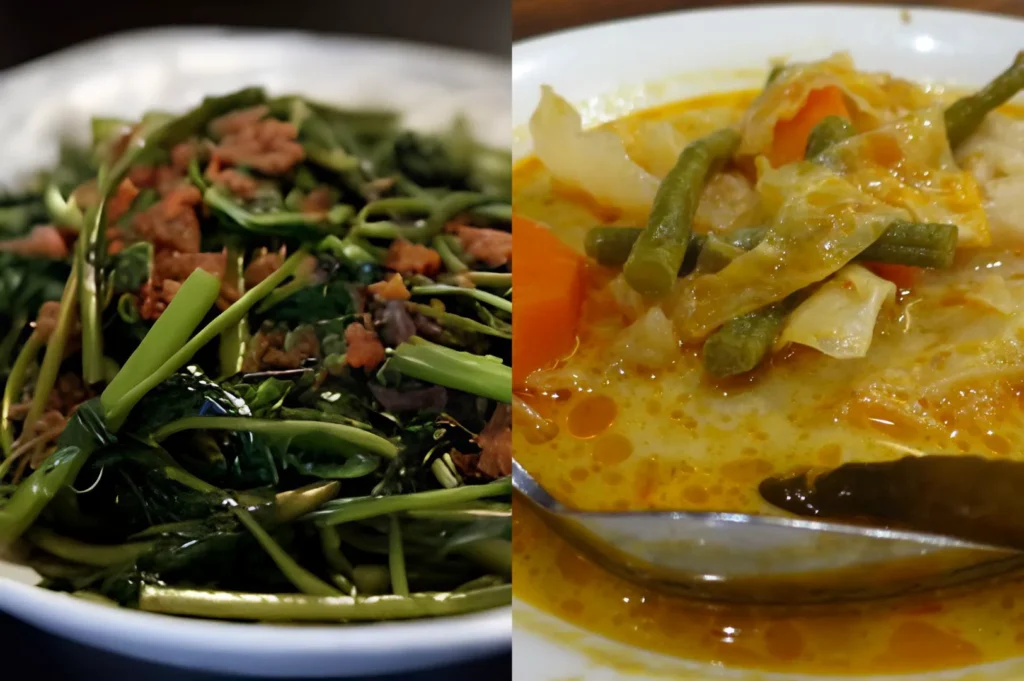 Stir-fried water spinach and Indonesian vegetable curry with coconut milk.