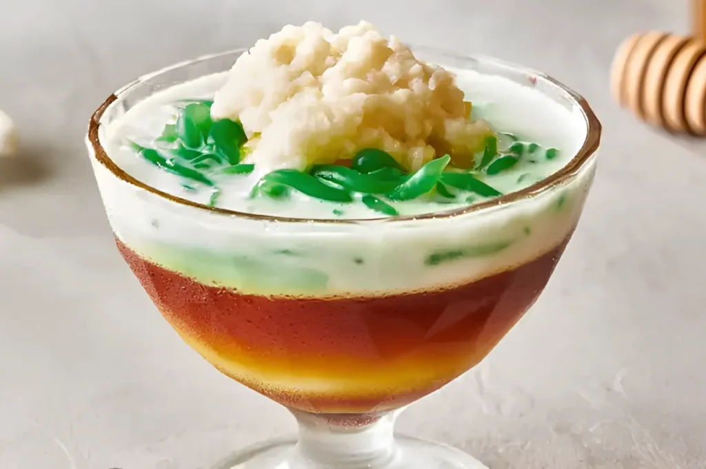 Traditional Indonesian cendol dessert with coconut milk, palm sugar, and green jelly.