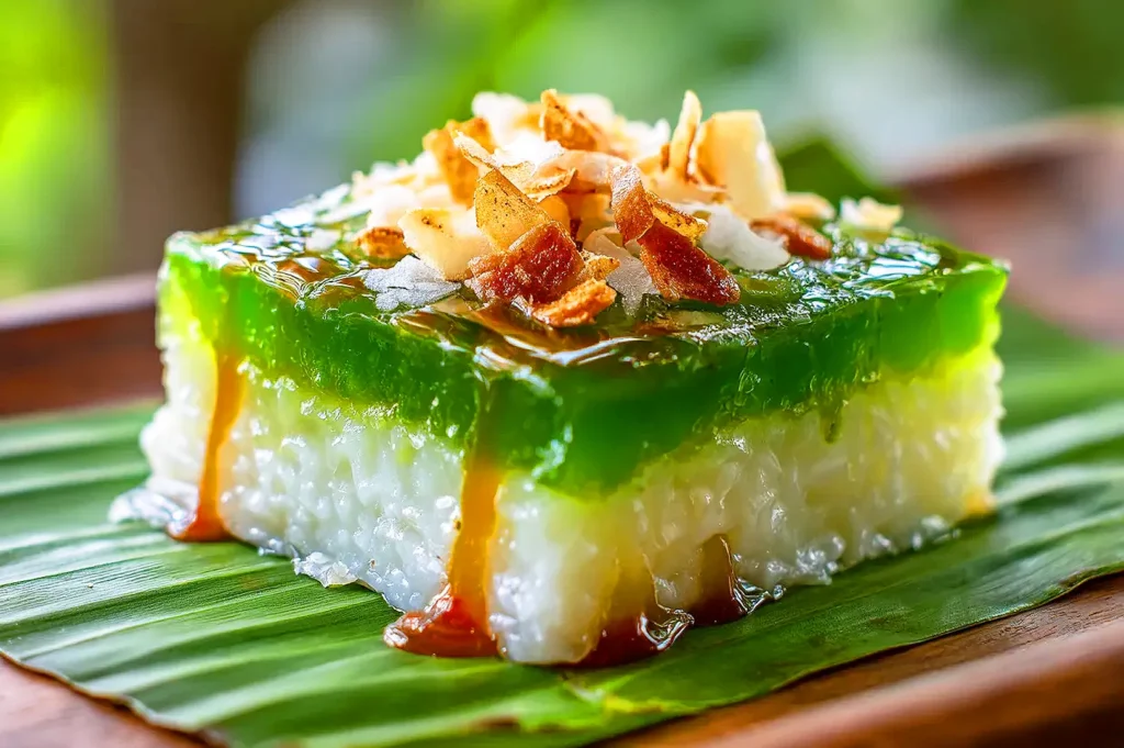 Nyonya kueh salat with pandan kaya custard, glutinous rice, and crispy coconut topping served on a banana leaf