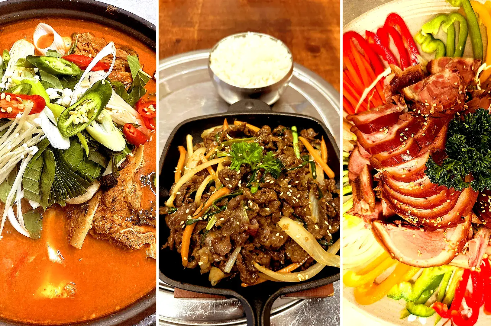 Todamgol Korean food selection featuring spicy fish stew, Korean beef bulgogi and sliced meat with fresh vegetables