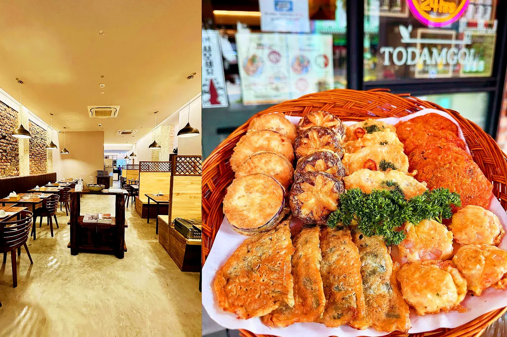 Todamgol Korean restaurant dining room and platter of assorted Korean savory pancakes and fried dishes in Singapore
