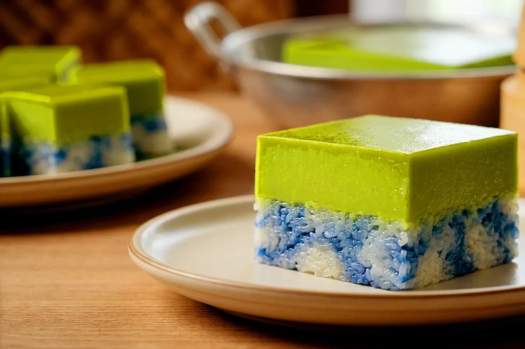 Traditional Nyonya kueh salat with pandan custard and blue-and-white glutinous rice served on a plate