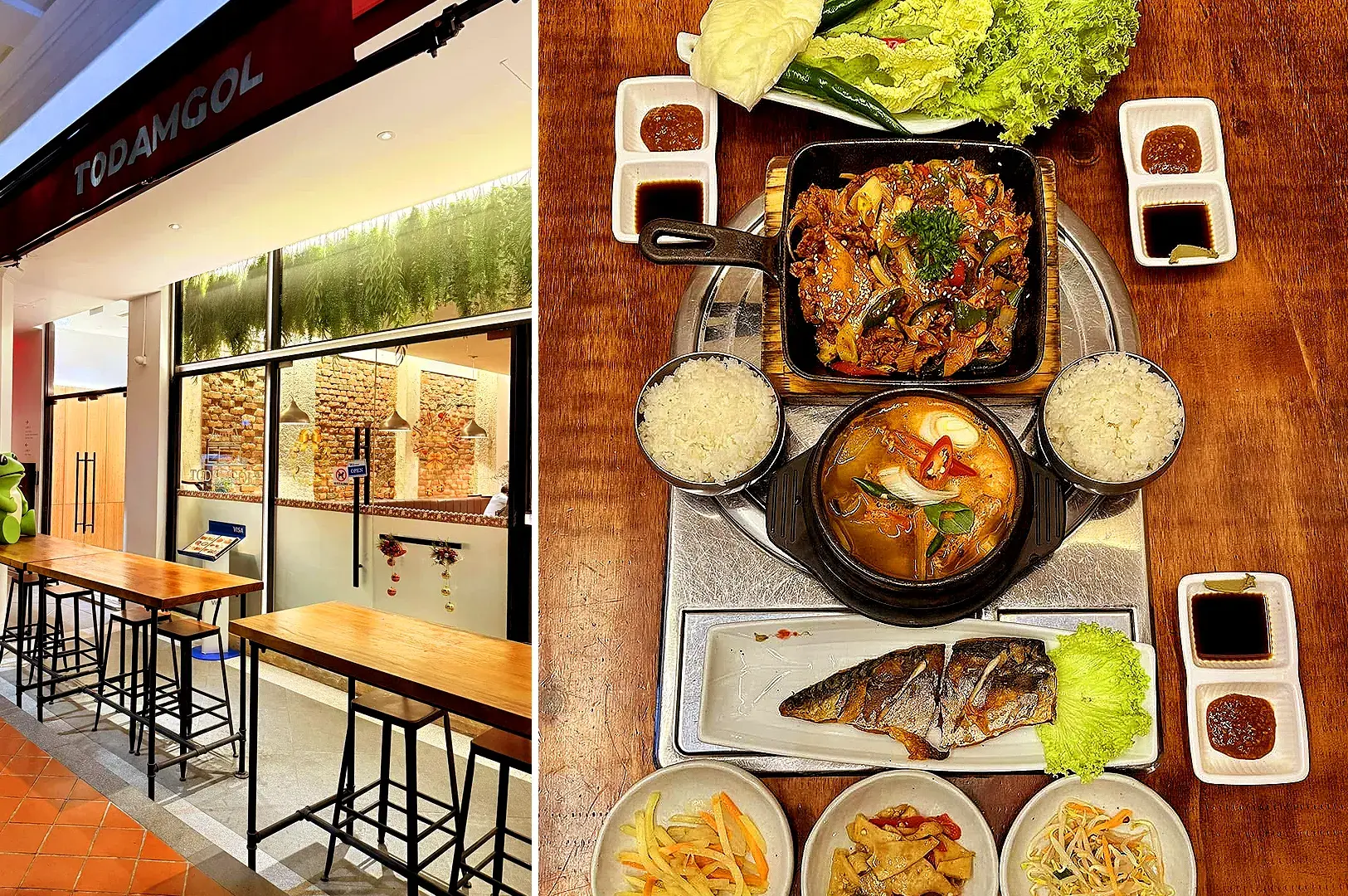 Todamgol Korean restaurant interior and Korean meal set with grilled dishes, soup, rice and side dishes in Singapore