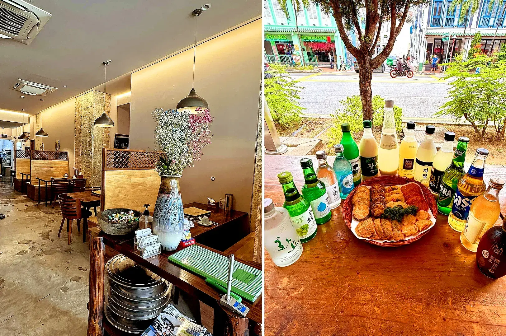 Todamgol Korean restaurant interior with traditional-style dining booths and Korean drinks served alongside assorted dishes in Singapore