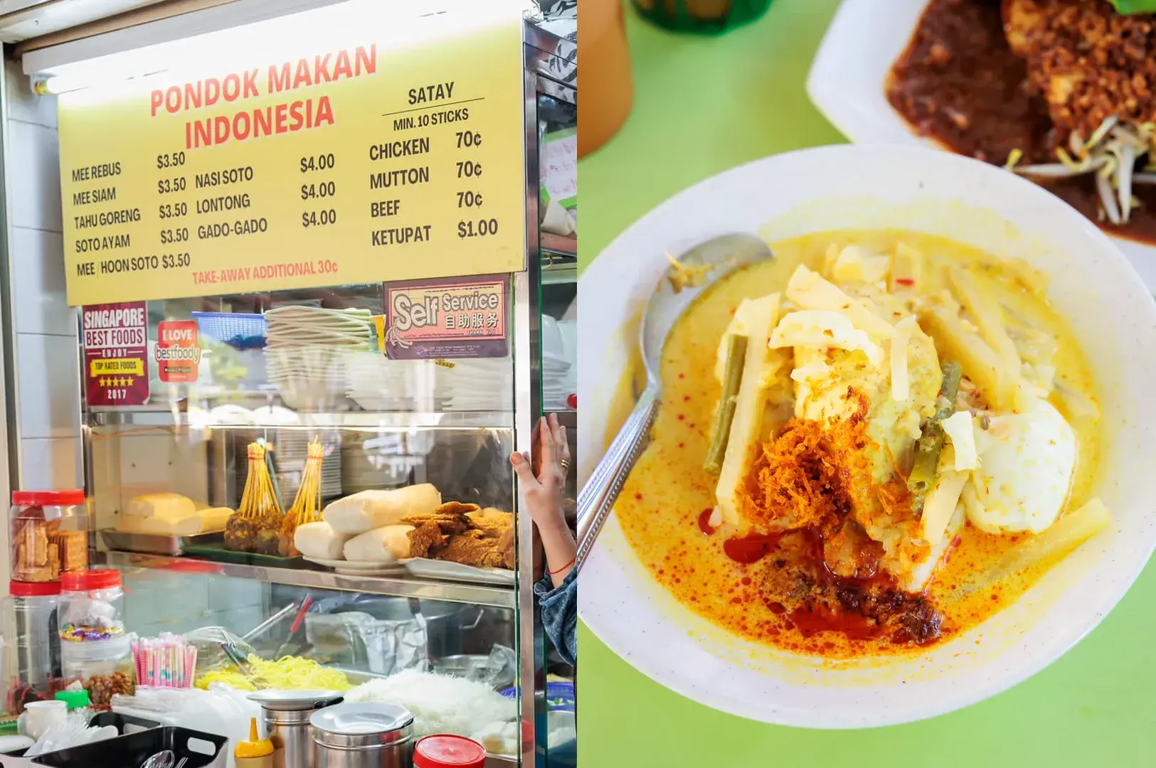 Pondok Makan Indonesia hawker stall in Singapore serving lontong sayur with coconut curry gravy and traditional Malay ingredients