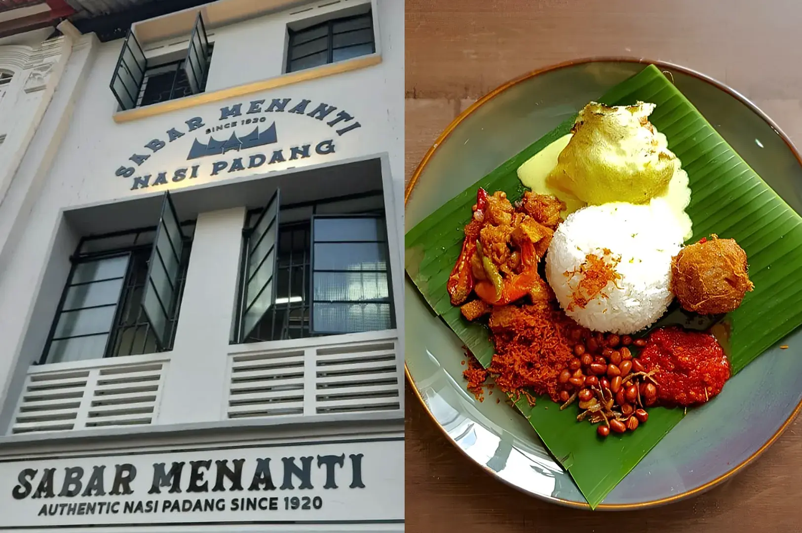 Sabar Menanti nasi padang restaurant facade with traditional Indonesian rice platter in Singapore