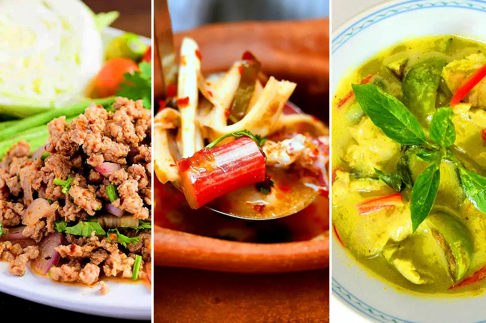 Traditional Thai dishes featuring minced meat salad, spicy soup and green curry with fresh herbs and chilies