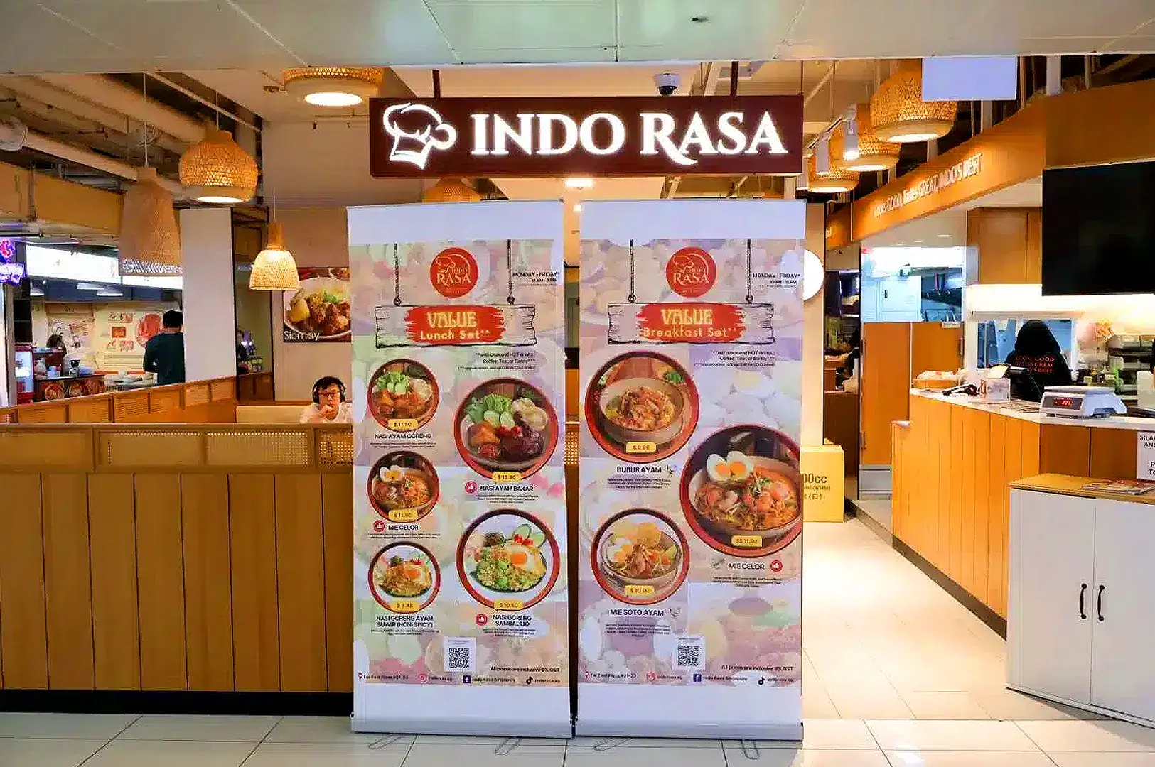 Indo Rasa Singapore restaurant exterior with Indonesian food menu displays and dining counter