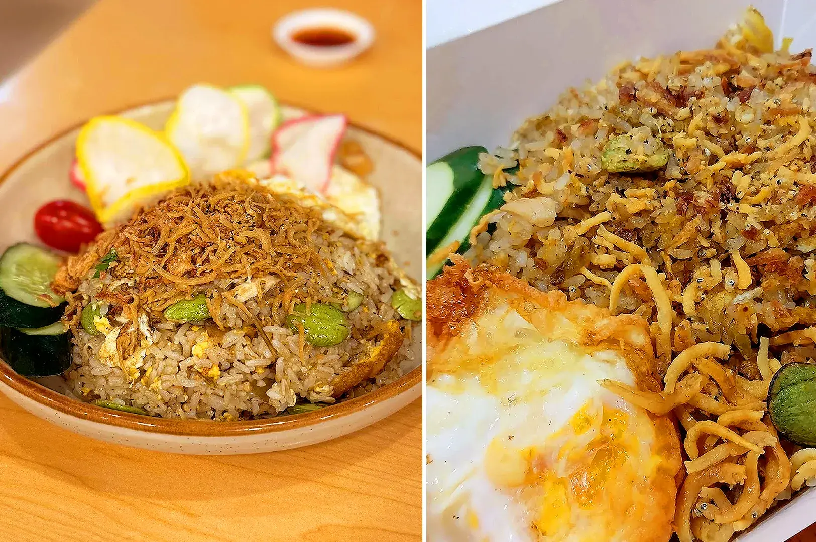 Indonesian fried rice with crispy anchovies, vegetables and fried egg served at Indo Rasa Singapore