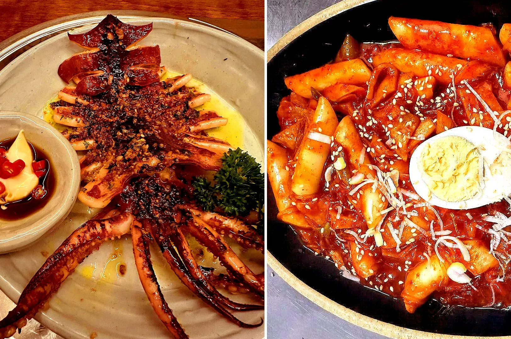 Todamgol Korean restaurant dishes featuring grilled squid and spicy Korean tteokbokki with boiled egg and sesame seeds