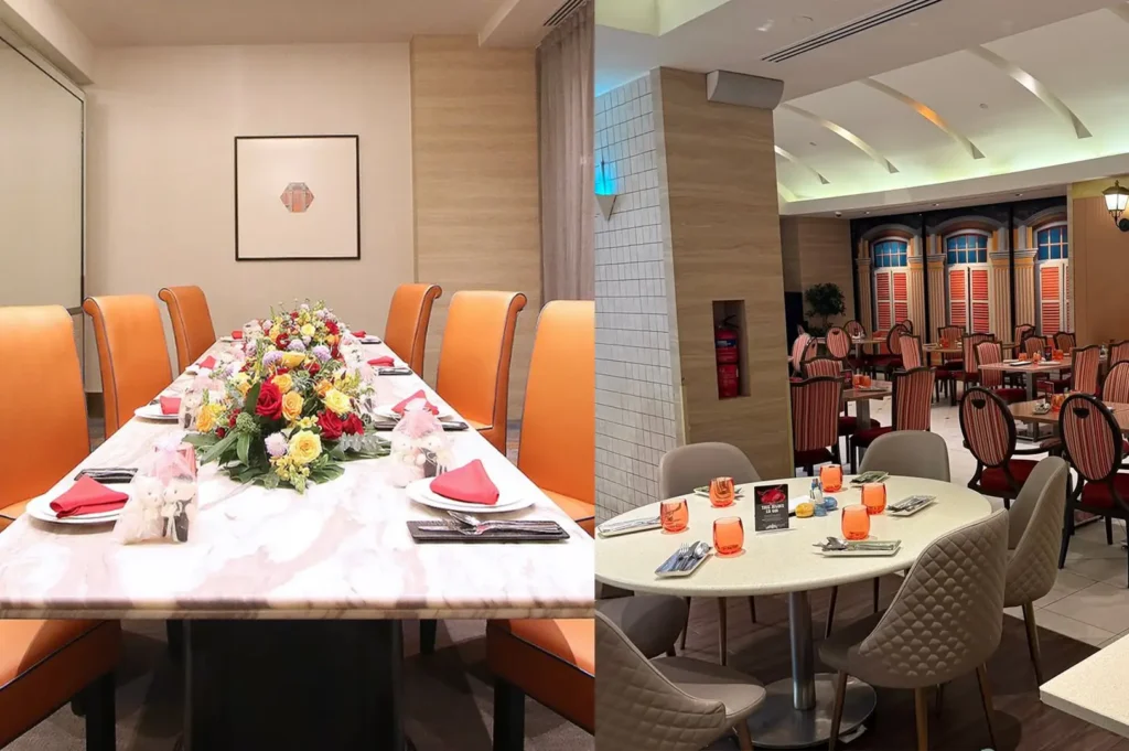Carousel restaurant Singapore dining room with elegantly set tables, private dining area and accessible buffet seating