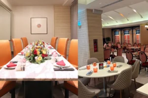 Carousel restaurant Singapore dining room with elegantly set tables, private dining area and accessible buffet seating