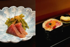 Premium omakase course in Singapore featuring tuna sashimi, seasonal vegetables and specialty sushi roll