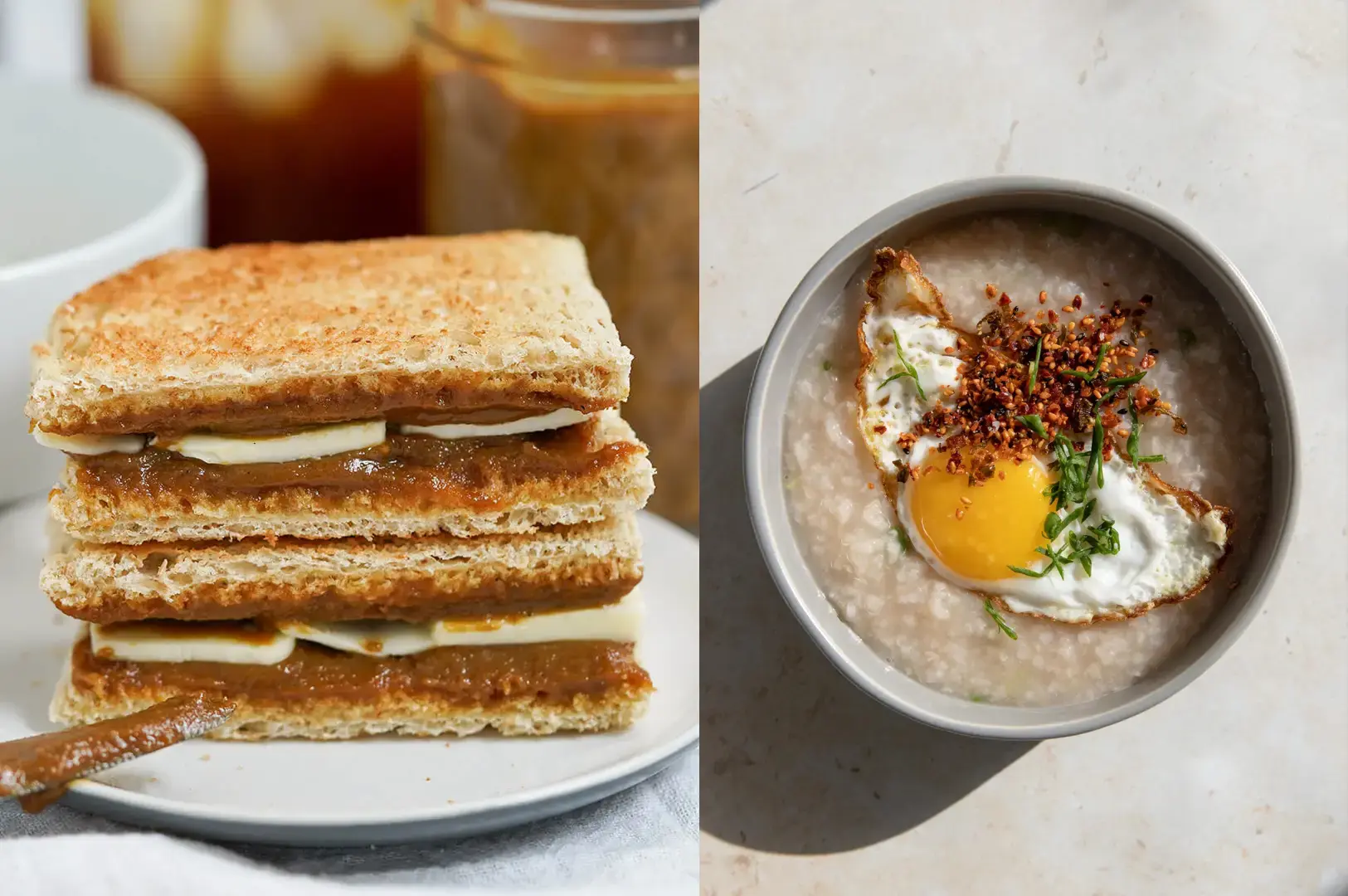 Singapore breakfast staples including kaya toast, coffee, sandwiches and congee reflecting Chinatown food culture