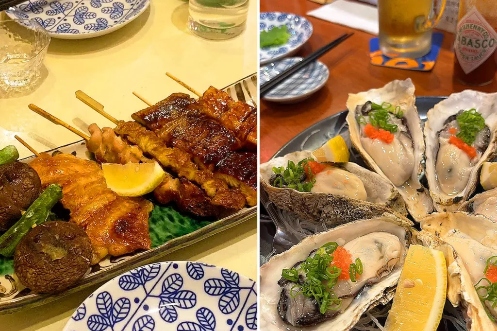 Japanese restaurant dishes featuring assorted yakitori skewers, grilled meats, vegetables and fresh oysters with lemon and garnishes