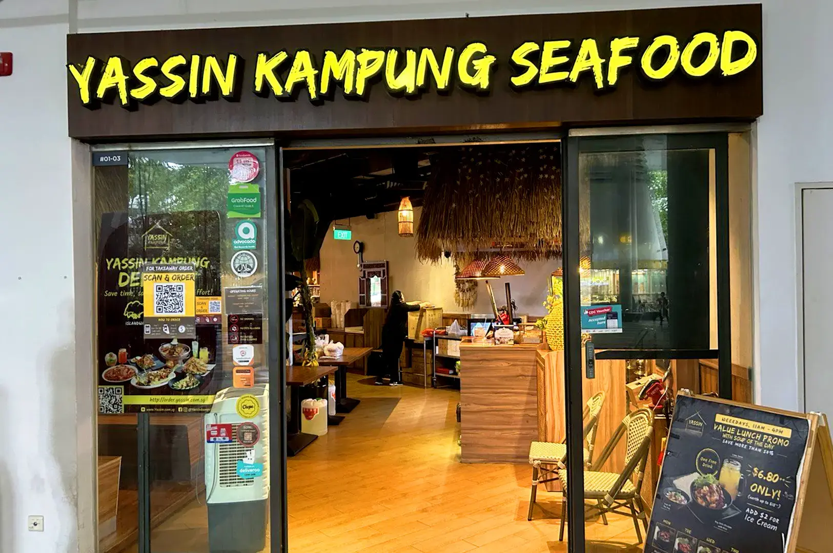 Yassin Kampung Seafood Admiralty restaurant storefront with traditional kampung-style décor in Singapore