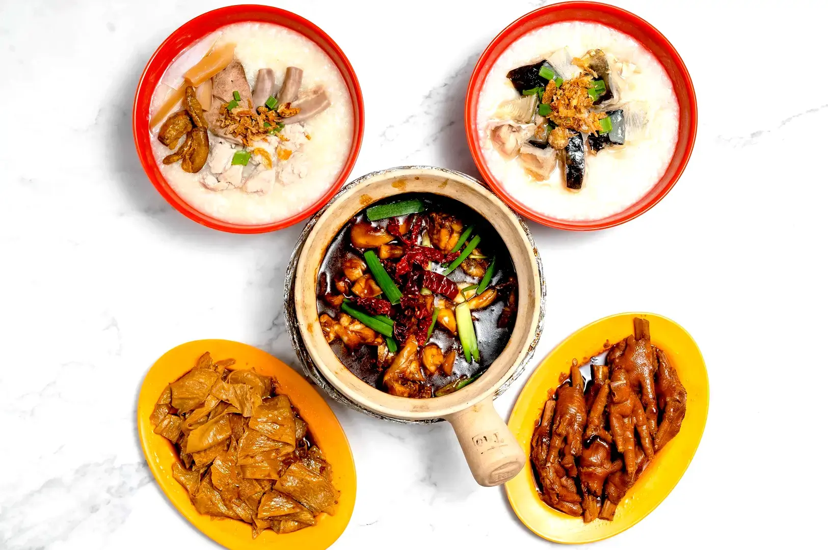 Tiong Shian Porridge Centre Singapore porridge spread with chicken porridge, claypot dishes and traditional Chinese side dishes