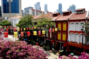Tiong Shian Porridge Centre Chinatown Singapore heritage shophouses with colorful lanterns and traditional streetscape