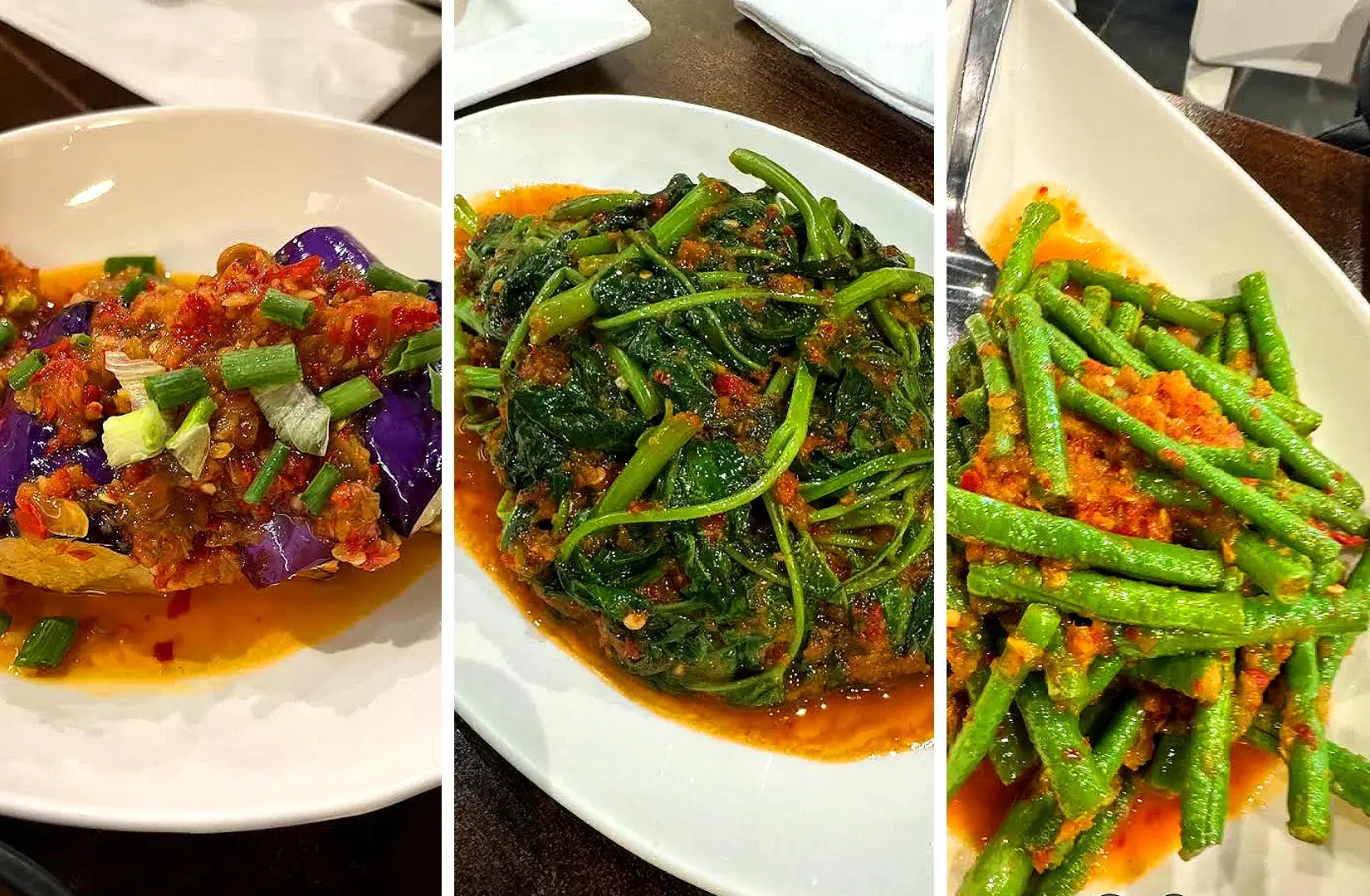 Pagi Sore Indonesian Restaurant Singapore Indonesian vegetable dishes including sambal eggplant, water spinach and green beans