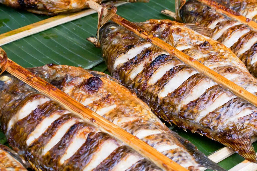 Lao grilled river fish served on banana leaves over a traditional bamboo skewer