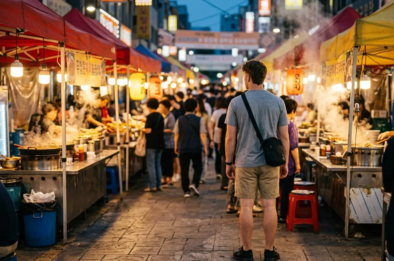 Busy Korean night market filled with street food stalls, steaming dishes and walking diners