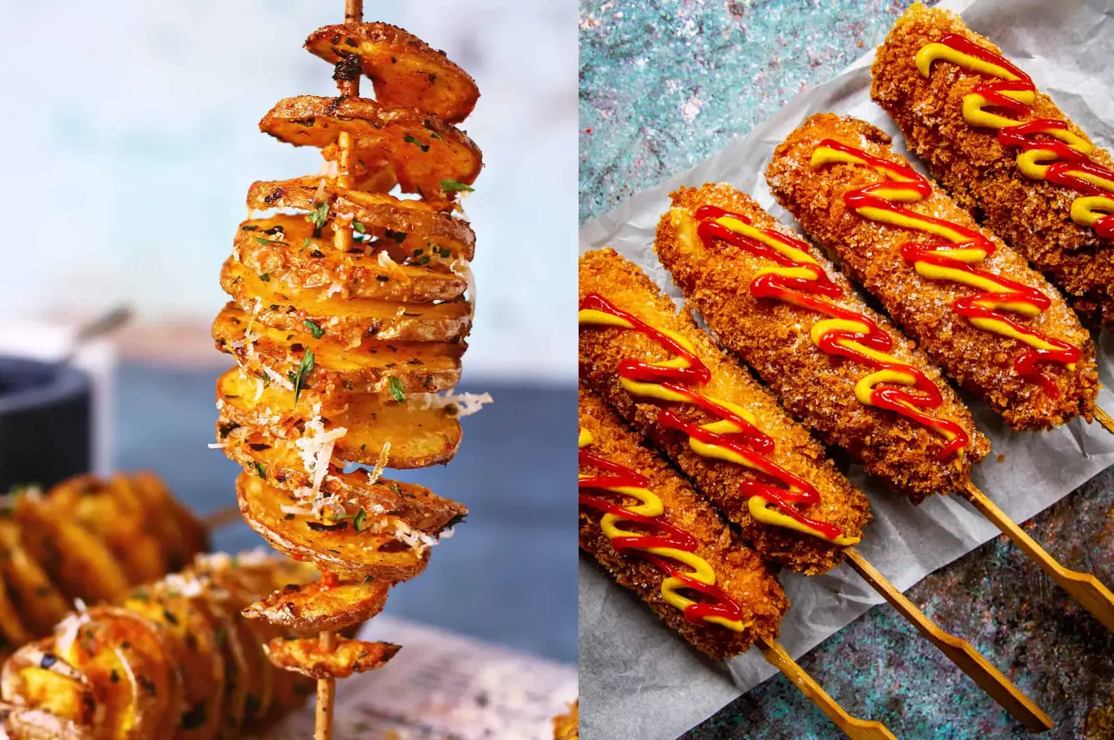 Korean street food skewers featuring crispy potato tornado and corn dog with ketchup and mustard